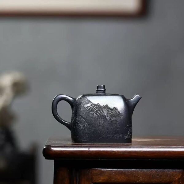 Hand-Carved Yixing Yellow Clay Teapot – Engraved Pattern, 7 oz