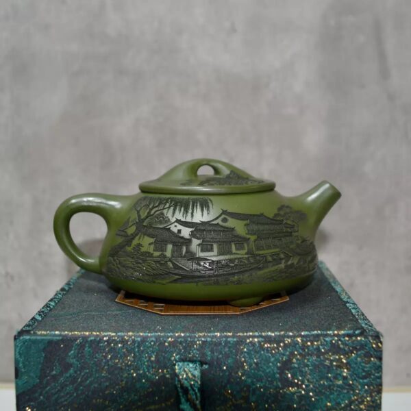 Handcrafted Yixing Green Clay Teapot – Carved Jiangnan Landscape (8.5 oz)