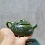 Handcrafted Yixing Green Clay Teapot – Carved Jiangnan Landscape (8.5 oz)