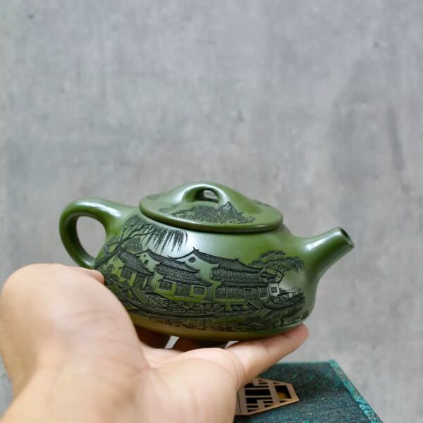 Handcrafted Yixing Green Clay Teapot – Carved Jiangnan Landscape (8.5 oz)
