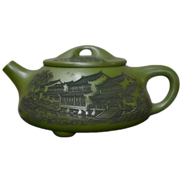 Handcrafted Yixing Green Clay Teapot – Carved Jiangnan Landscape (8.5 oz)