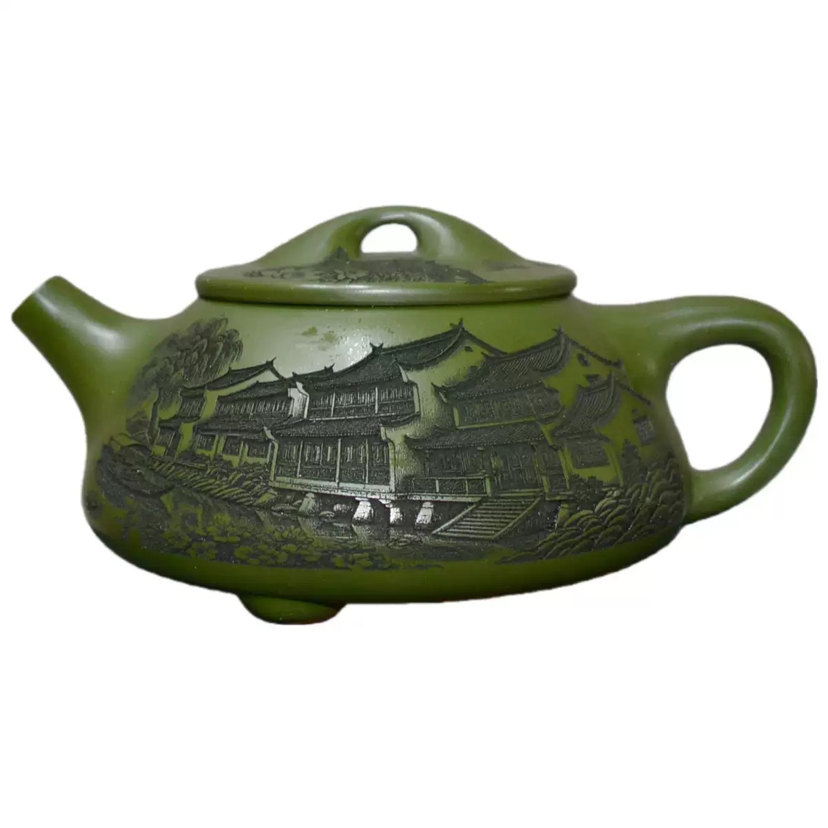 Handcrafted Yixing Green Clay Teapot – Carved Jiangnan Landscape (8.5 oz)
