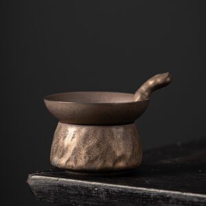 Zen "Ancient Fire" Handmade Ceramic Tea Strainer - Wabi-Sabi Style Iron Glaze Tea Infuser with Base