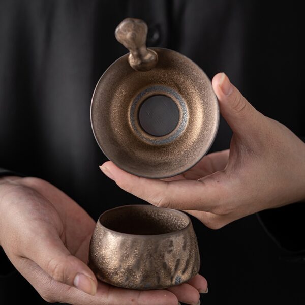 Zen "Ancient Fire" Handmade Ceramic Tea Strainer - Wabi-Sabi Style Iron Glaze Tea Infuser with Base
