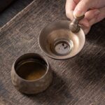 Zen "Ancient Fire" Handmade Ceramic Tea Strainer - Wabi-Sabi Style Iron Glaze Tea Infuser with Base