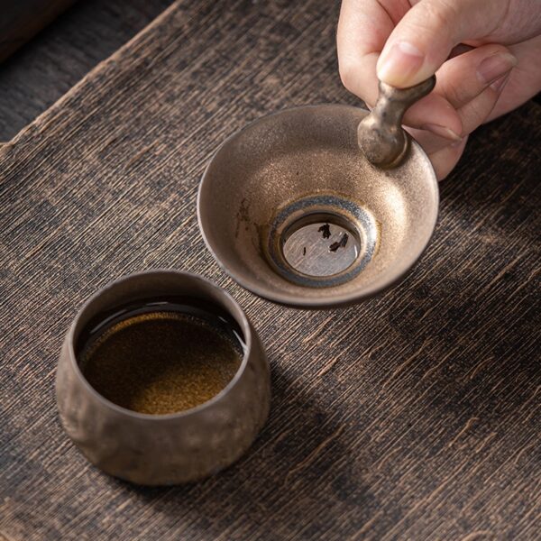 Zen "Ancient Fire" Handmade Ceramic Tea Strainer - Wabi-Sabi Style Iron Glaze Tea Infuser with Base