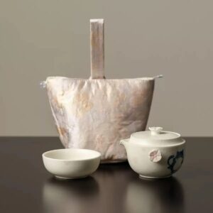 Whimsical Cat & Sakura Tea Set – Handcrafted Ceramic Duo with Brocade Carry Bag