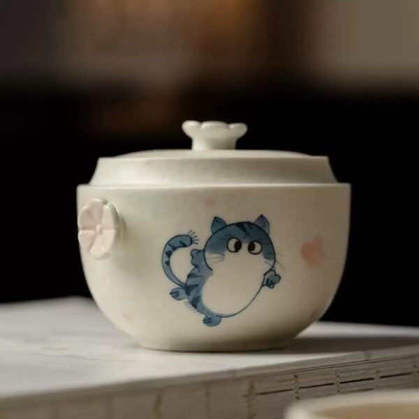 Whimsical Cat & Sakura Tea Set – Handcrafted Ceramic Duo with Brocade Carry Bag