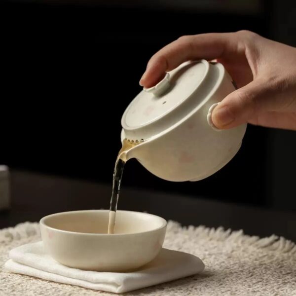 Whimsical Cat & Sakura Tea Set – Handcrafted Ceramic Duo with Brocade Carry Bag