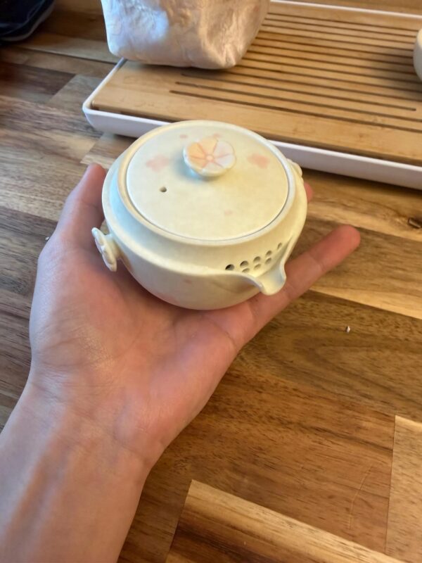 Whimsical Cat & Sakura Tea Set – Handcrafted Ceramic Duo with Brocade Carry Bag