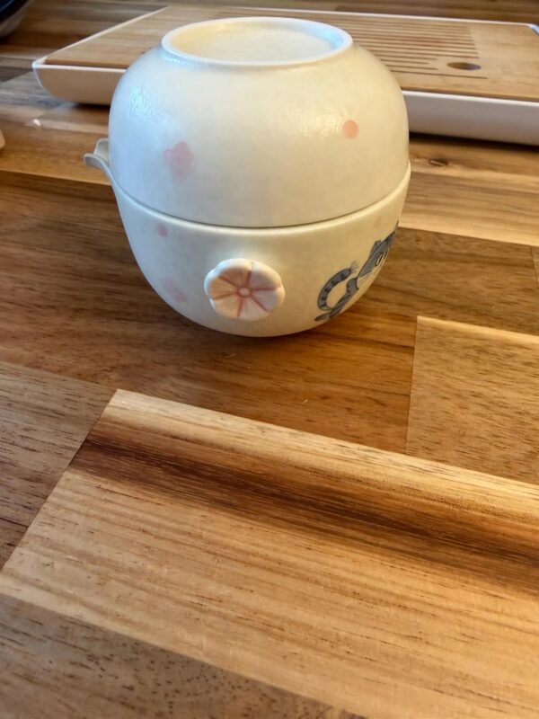 Whimsical Cat & Sakura Tea Set – Handcrafted Ceramic Duo with Brocade Carry Bag