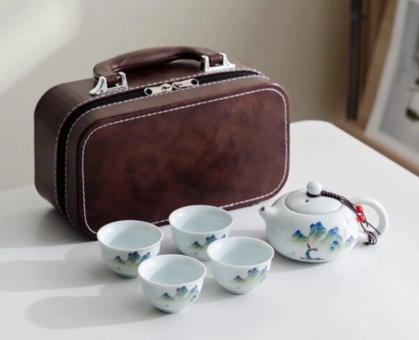 Serene Peaks Porcelain Gongfu Tea Set with Premium Leather Travel Case