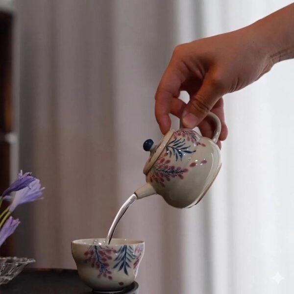 Wisteria Porcelain Tea Set with Hydrangea Tray, Complete Kung Fu Teapot and 2 Cups Travel Set with Brocade Bag, Elegant Tea Gift Set