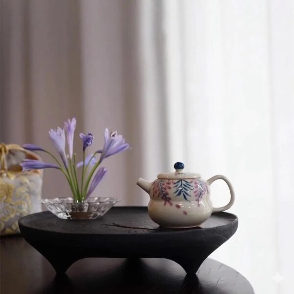 Wisteria Porcelain Tea Set with Hydrangea Tray, Complete Kung Fu Teapot and 2 Cups Travel Set with Brocade Bag, Elegant Tea Gift Set