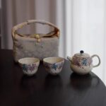 Wisteria Porcelain Tea Set with Hydrangea Tray, Complete Kung Fu Teapot and 2 Cups Travel Set with Brocade Bag, Elegant Tea Gift Set