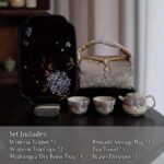 Wisteria Porcelain Tea Set with Hydrangea Tray, Complete Kung Fu Teapot and 2 Cups Travel Set with Brocade Bag, Elegant Tea Gift Set