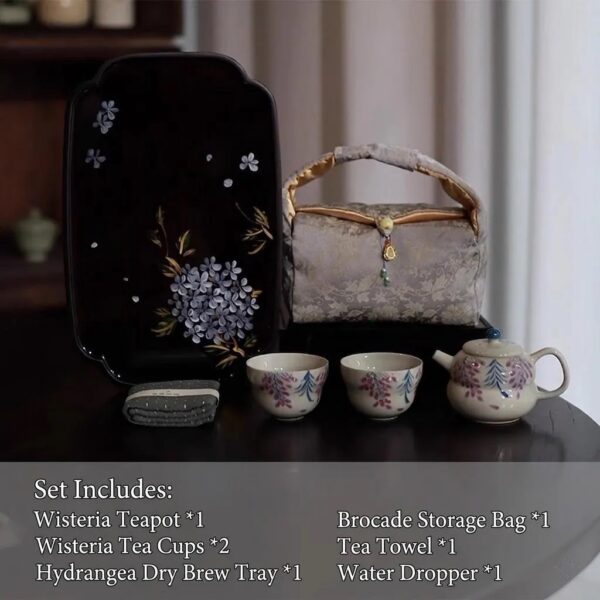 Wisteria Porcelain Tea Set with Hydrangea Tray, Complete Kung Fu Teapot and 2 Cups Travel Set with Brocade Bag, Elegant Tea Gift Set