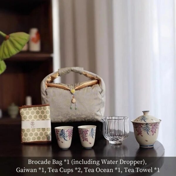 Wisteria Porcelain Tea Set with Hydrangea Tray, Complete Kung Fu Teapot and 2 Cups Travel Set with Brocade Bag, Elegant Tea Gift Set