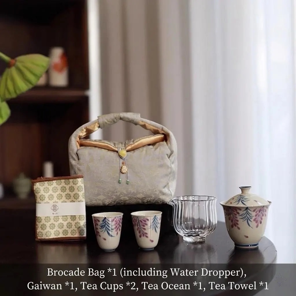 Wisteria Porcelain Tea Set with Hydrangea Tray, Complete Kung Fu Teapot and 2 Cups Travel Set with Brocade Bag, Elegant Tea Gift Set