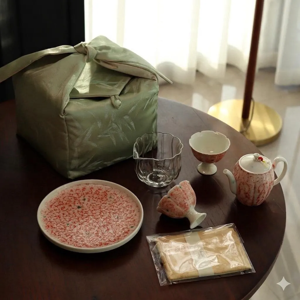 Complete Chinese Porcelain Gongfu Tea Set with Travel Case - 1 Teapot, 2 High-Footed Cups, Glass Bei, Dry Brew Tray, & Wrapped Tea Towel